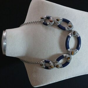 Tiger Eye-Crystal- Blue Enamel Necklace